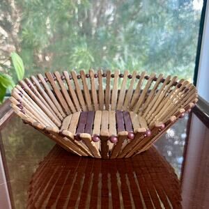 Vintage Wooden Bamboo Fruit Bowl Two-Tone Basket 10"